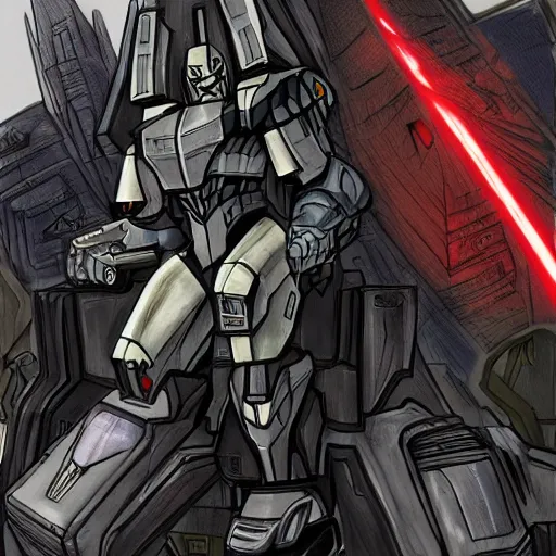 Image similar to colored picture of megatron sitting on a throne in cybertron; trending on artstation