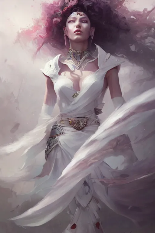 Image similar to beautiful girl warrior in white dress, casting magic spell, angel, magic storm and thunder clouds, fantasy, magic the gathering, hyper detailed, 3 d render, hyper realistic detailed portrait, peter mohrbacher, wlop, ruan jia