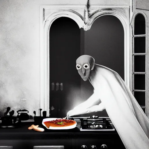 Prompt: nosferatu is cooking in a kitchen, realistic photography