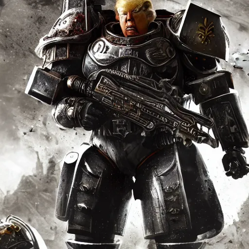 Prompt: Portrait of donald trump as the emperor of humanity from warhammer 40k in Gears of War, splash art, movie still, detailed face, photorealistic facial features, cinematic lighting, dramatic, octane render, long lens, shallow depth of field, bokeh, anamorphic lens flare, 8k, hyper detailed, 35mm film grain