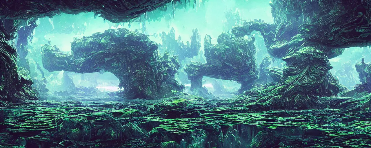 Image similar to ” water alien landscape, [ organic, liquid, cinematic, detailed, epic, widescreen, opening, establishing, mattepainting, photorealistic, realistic textures, octane render, art by slop and paul lehr ] ”