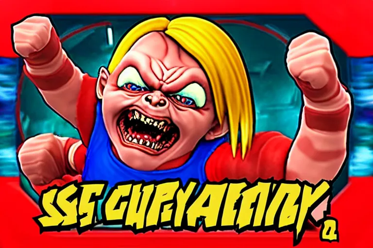 Image similar to screaming chucky doll as a character in street fighter arcade game