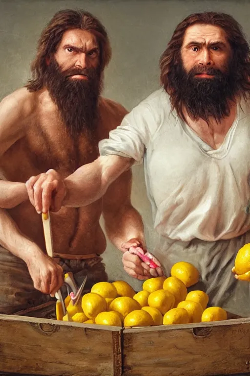 Prompt: a hyperrealistic portrait of two cavemen performing open heart surgery on a crate of lemons with tools made of bubblegum , 8k