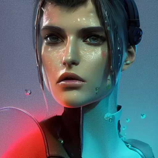 Image similar to stylish woman cartoon portrait made out of rain, leather jacket, cyberpunk background, rendered in octane, unreal engine, highly detailed, trending on artstation, realistic, neon, beautiful