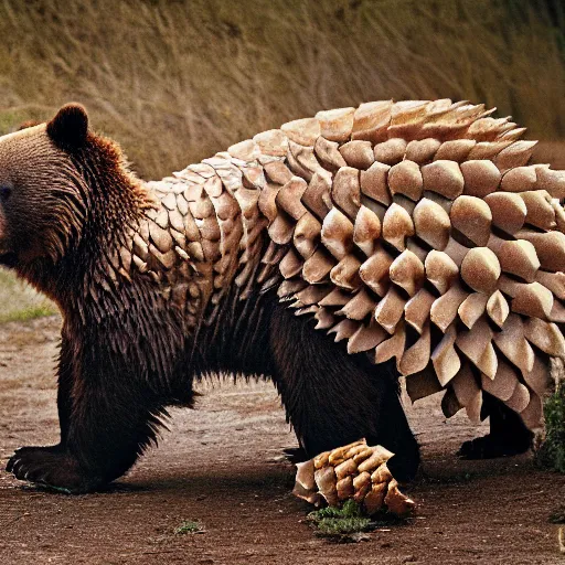 Prompt: a Bear with the armor of a pangolin, national geographic photograph