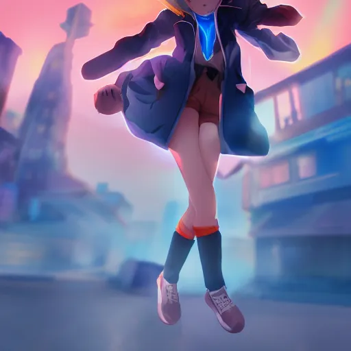 Image similar to Splash art Anime loli, blond hair with pigtails, blue coat, and black shorts, she flies by using blue neon powers through the city. Cinematic sunset, faint orange light. Amazing piece Trending on Artstation