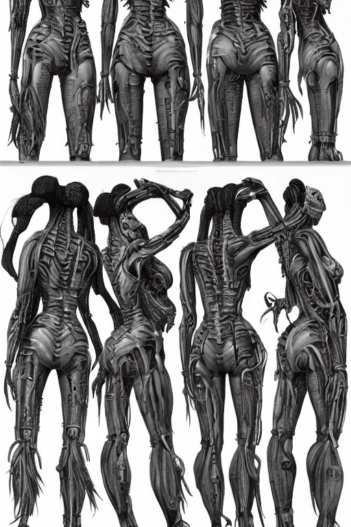 Prompt: african dreadlock hairstyles!! cyborg female with gunmetal grey skin, medical anatomy, paneled face, highly detailed, mecha, mechanical implants, three - perspective / three - view reference sheet ( front / back / side ), in the style of dan ouellette, dren from splice, hr giger, sil from species, artstation, unreal engine