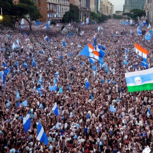 Image similar to Lady Gaga as president, Argentina presidential rally, Argentine flags behind, bokeh, giving a speech, detailed face, Argentina