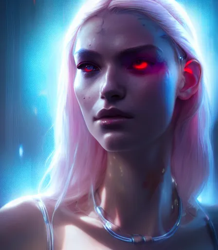 Image similar to beautiful portrait of a cyberpunk goddess who looks like Corinna Kompf , character design by charlie bowater, ross tran, artgerm, and makoto shinkai, detailed, soft lighting, rendered in octane