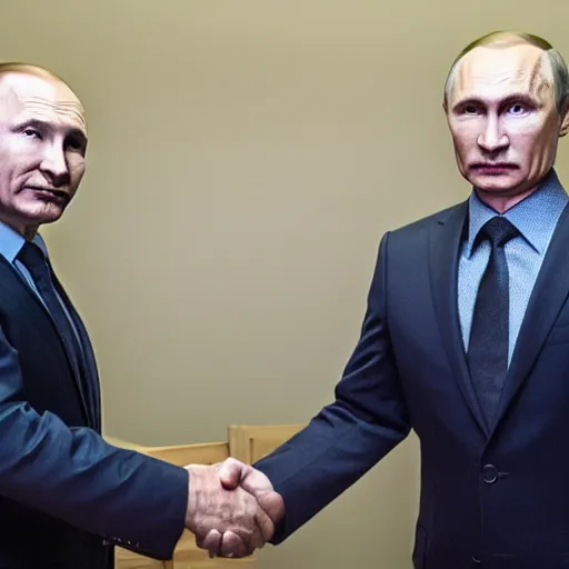 Prompt: Walter White and Vladimir Putin shaking hands, 8k, dslr, cinematic,