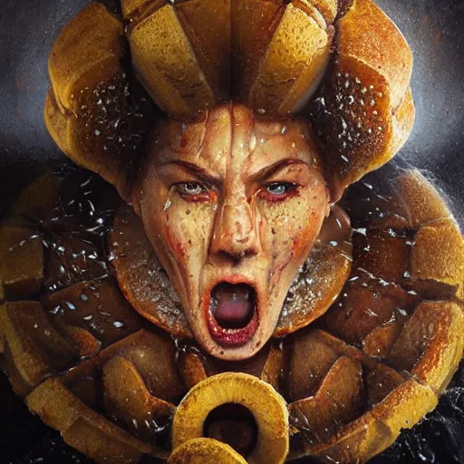 Prompt: hyperrealistic mixed media high resolution painting of an angry sentient waffle, stunning 3d render inspired art by István Sándorfi and Greg Rutkowski and Unreal Engine, perfect facial symmetry, dim volumetric lighting, 8k octane beautifully detailed render, full body shot, post-processing, extremely hyper-detailed, intricate, epic composition, highly detailed attributes, highly detailed atmosphere, cinematic lighting, masterpiece, trending on artstation, very very detailed, masterpiece, stunning, flawless structure, lifelike texture, perfection,