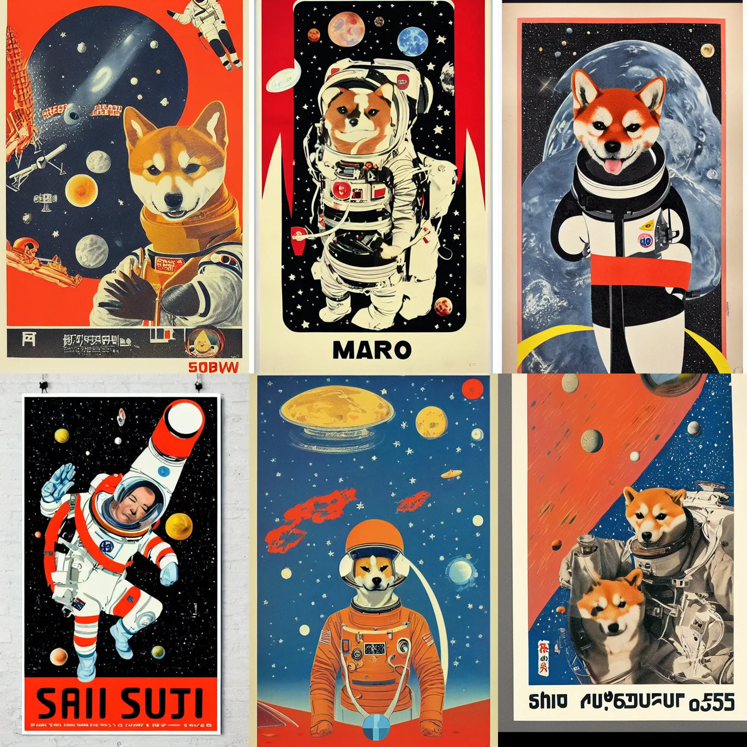 Prompt: Shiba Inu cosmonaut portrait, mars mission, 60s poster, 1966 Soviet Japanese