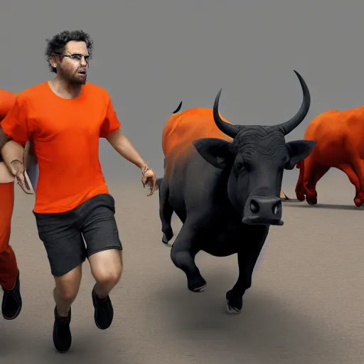 Prompt: man in orange t - shirt chased by big black bulls, artstation