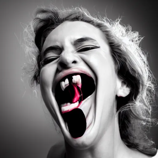 Prompt: an eerie black and white glitch art of a woman with a unnaturally wide mouth laughing maniacally.