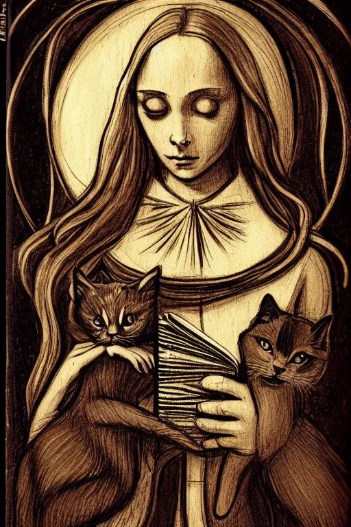 Image similar to da vinci illustration of romantic girl, her cat and her book of necronomicon, symmetrical, cinematic, sharp focus, 4 k, ultra hd, sense of awe, sinister demonic atmosphere, dreadful, forbidden knowledge, old gods, cthulhu, yog - sothoth! yah, yah, yah! cultist journal cover