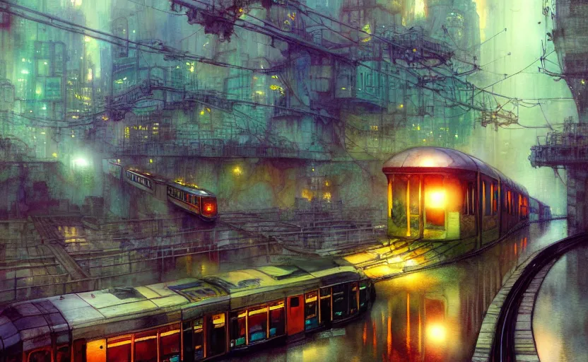 Image similar to an urban train rides inside of a waterway on a fantasy city. intricate, amazing composition, colorful watercolor, by ruan jia, by maxfield parrish, by marc simonetti, by hikari shimoda, by robert hubert, by zhang kechun, illustration, gloomy