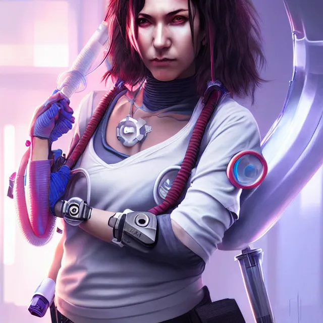 Image similar to cyberpunk nurse warrior, highly detailed, 4 k, hdr, smooth, sharp focus, high resolution, award - winning photo, artgerm, photorealistic