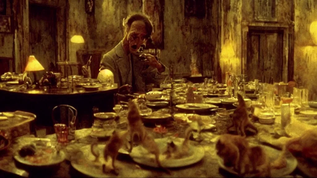 Image similar to the strange cat, works at a restaurant, film still from the movie directed by denis villeneuve and david cronenberg with art direction by salvador dali and zdzisław beksinski, wide lens