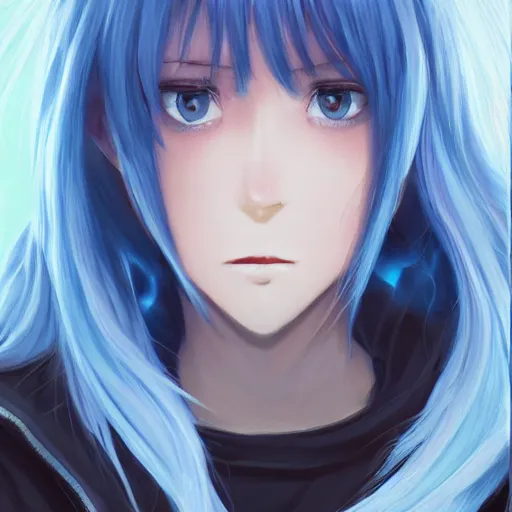 Image similar to full shot of rimuru tempest, sky blue straight hair, long bangs, with amber eyes, wearing a fancy black jacket, high collar, ultra detailed, brush strokes, digital painting, cinematic, wlop artstation, closeup, pixiv, intense, intimidating glare, photorealistic, overpowering, makoto shinkai, rossdraws, andy warhol,