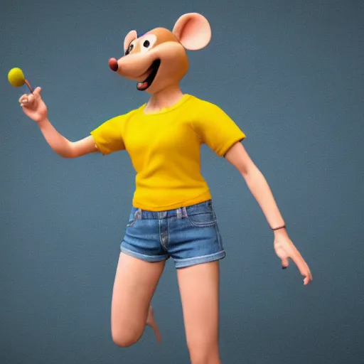 Image similar to 3 d render, portrait, upper body shot, mid shot, anthropomorphic mouse, female, wearing denim short shorts and a off yellow tank top shirt, in the style of robben hood