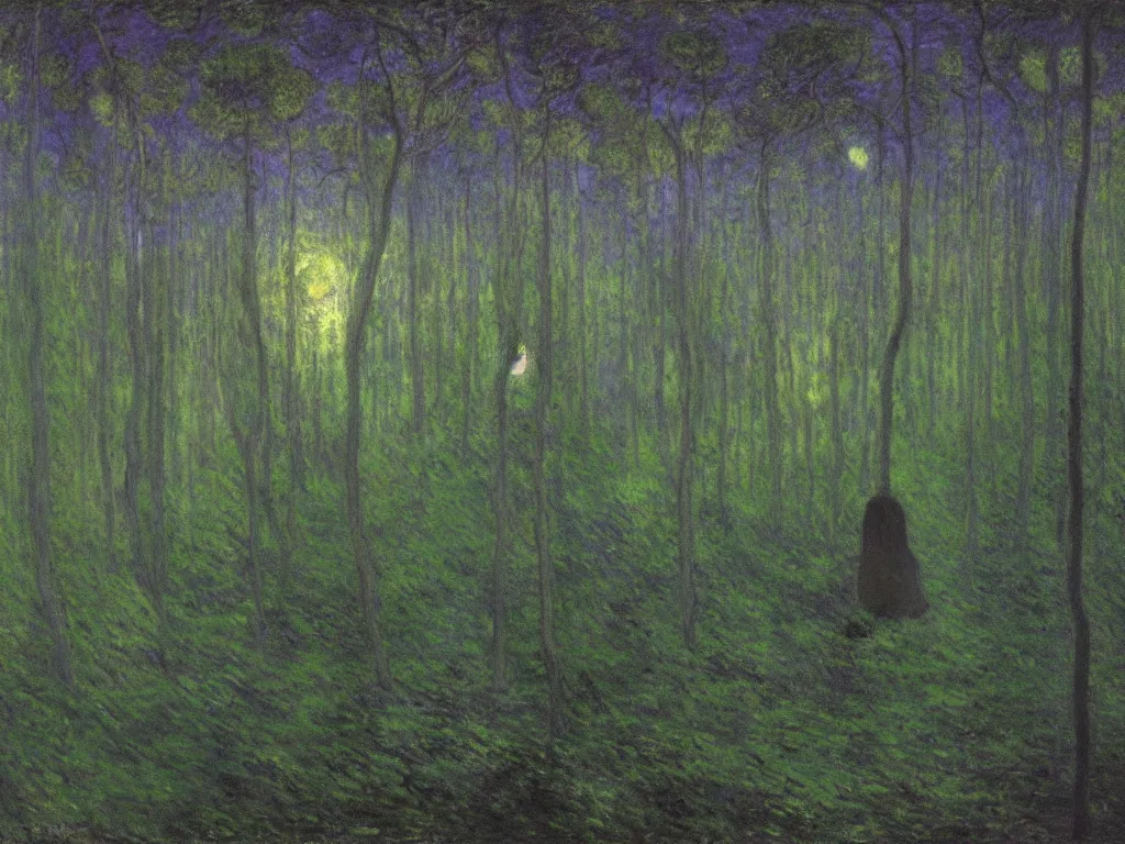 Image similar to ! dream glowing forest of mounds in the auroral psychedelia. dark, looming shadows over the mask. painting by monet, arnold bocklin, wayne barlowe, agnes pelton, rene magritte