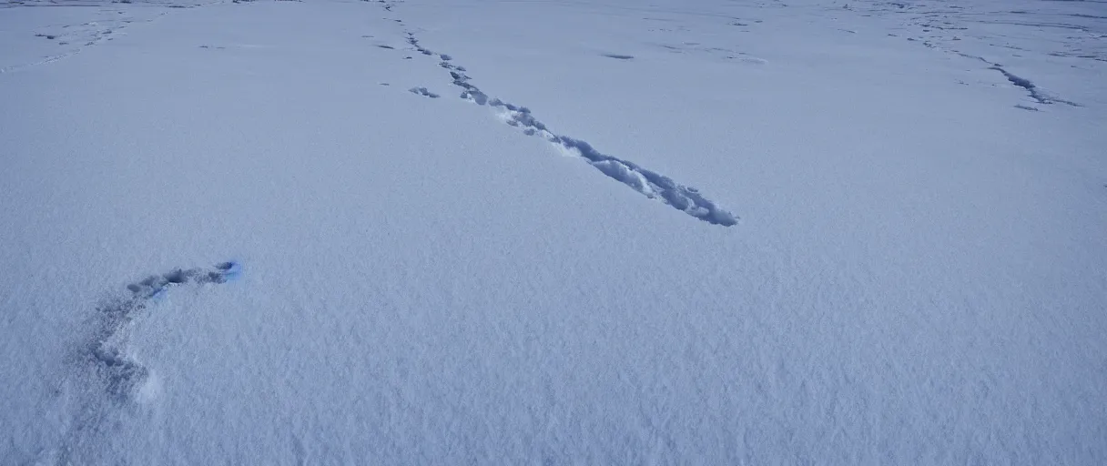 Prompt: a high quality color closeup hd 4 k film 3 5 mm photograph of very heavy blizzard in desolate antarctica with a single trail of footsteps in the snow