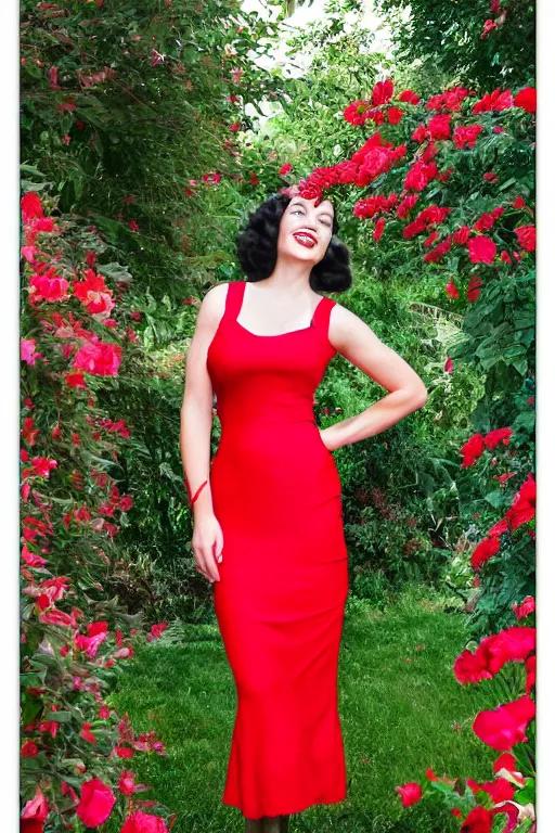 Image similar to a full view portrait of a beautifull woman, wearing a red dress,with a beautifull smile,a garden background.in american style pin up.anatomically correct