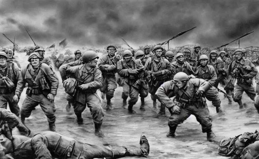 Prompt: Photo of Shrek leading the 1944 Omaha beach charge, photography by Robert F. Sargent, Normandy, D-Day, very detailed, realistic