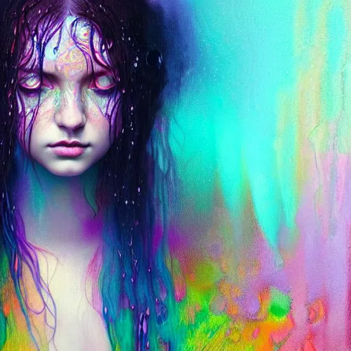 Prompt: portrait of girl in colored psychedelic rain with wet hair and face, fantasy, intricate, elegant, dramatic lighting, intense emotion, highly detailed, lifelike, photorealistic, digital painting, artstation, concept art, smooth, sharp focus, illustration, art by John Collier and Albert Aublet and Krenz Cushart and Artem Demura and Alphonse Mucha