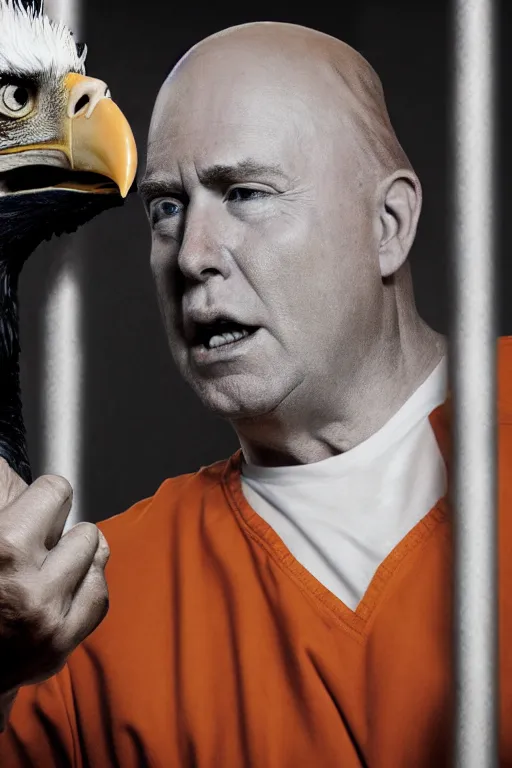 Prompt: Close-up portrait of Donald Trump in jail wearing orange clothes with an American bald eagle attacking him, octane, dramatic lighting, editorial photo, 35mm, very detailed