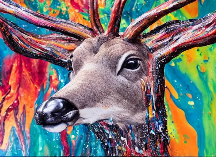 Prompt: still shot close up footage of a deer's head exploding and disintegrating into acrylic pour and splashing paint and dripping paint, thick impasto paint, embossed paint, big flying chunks of paint, motion blur, hyperrealistic, medical, intricate art photography, anatomically correct, realistic crisp textures, 1 6 k