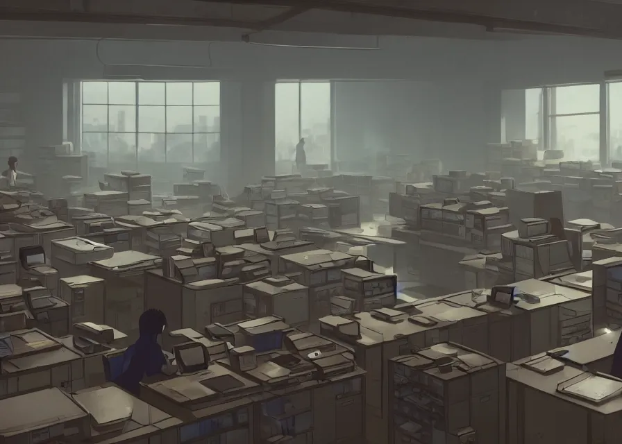 Image similar to an interior room with old pc computers stacked on the walls and people sitting at desks, makoto shinkai, dusty, matte painting