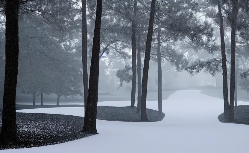 Image similar to augusta national, the masters, nr. 1 2, middle of the winter, completely covered in snow, beautiful ambient light, stunning photography, fog, light rays