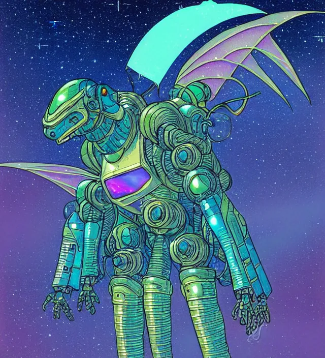 Prompt: a mecha dragon in a iridescent spacesuit, galactic background, vintage sci - fi soft grainy, inspired moebius, inspired by tim white, in the style of studio ghibli