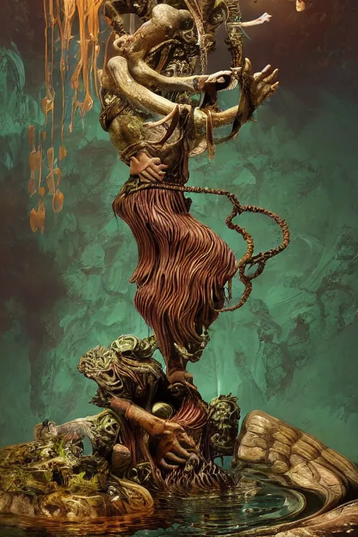 Image similar to epic 3 d oxossi, ifa deity, liquid hands and feet spinning, 2 0 mm, with brown and green water melting smoothly into herbs and wooden contraptions, fierce, animalistic, intricate, houdini sidefx, trending on artstation, by jeremy mann and ilya kuvshinov, jamie hewlett and ayami kojima, 3 d bold