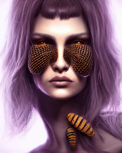 Prompt: headshot portrait of nightmare queen inspired by honeycomb beehives, detailed, textured, realistic, unreal engine, cgsociety, cinematic lighting, concept art