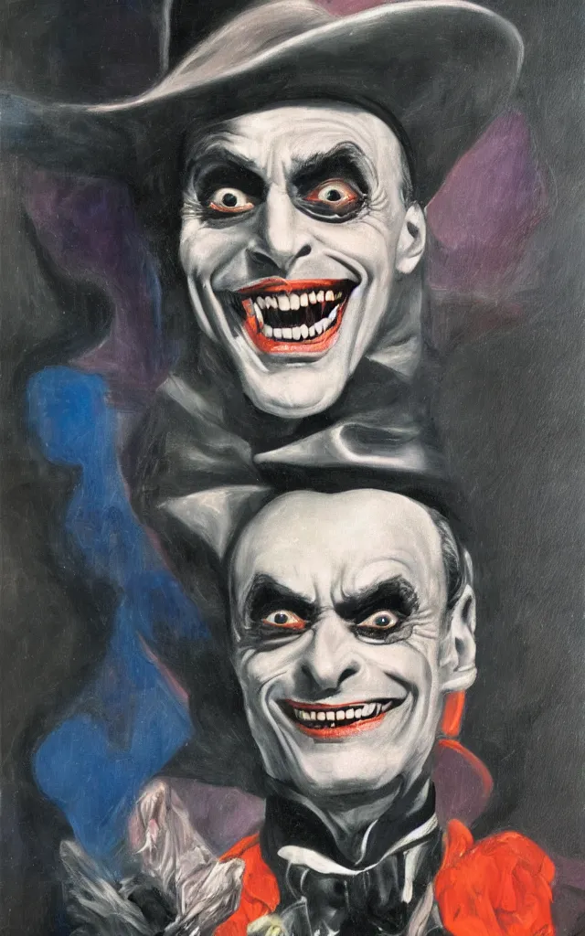 Image similar to portrait of conrad veidt the man who laughs wide grin, award winning oil surrealist painting, sharp color palette