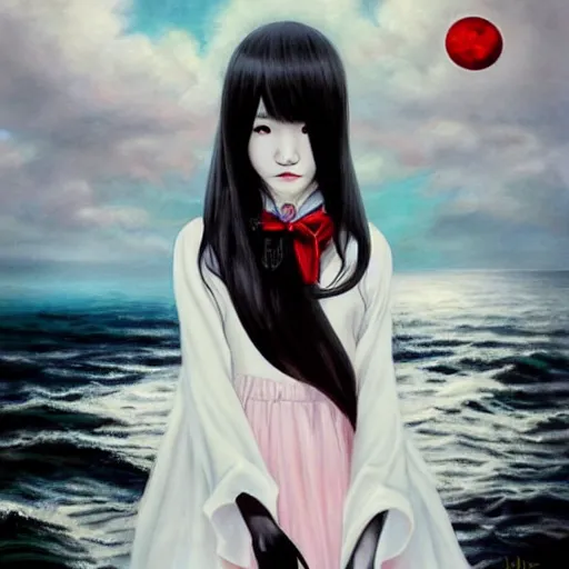 Prompt: style of Guo Hua ,young vampire and her black cat Portrait by Miho Hirano, full body , realistic, detailed, white, light pink tonalities, beautiful collage technique including clouds, sea, wind, ornate sea background, beautiful Fantasy detailed trending on artstation, oil painting,Dramatic lighting, eterea , high quality print, fine art with subtle redshift rendering