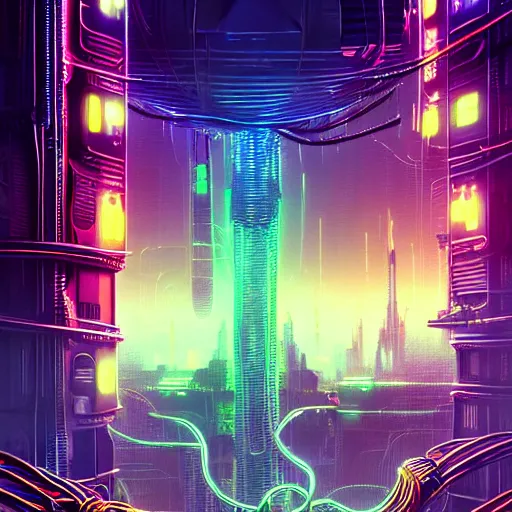 Image similar to cats cyborg inside an scifi tentacles wires futuristic city, beautiful neon cats, cinematic, highly detailed, photorealistic, rich bright colors, trending on artstation, giger, tsutomu nihei, trending on cgsociety, awe inspiring bruce pennington cityscape, digital art painting of 1 9 6 0 s