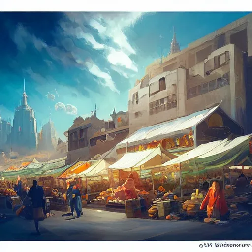 Prompt: a city market and the blue sky with clouds in the distance, in the style of peter mohrbacher