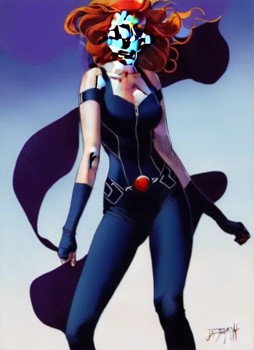 Image similar to rafeal albuquerque comic art, joshua middleton comic art, artgerm, cinematics lighting, night time, pretty scarlett johansson black widow, big smirk, symmetrical face, symmetrical eyes, long red hair, full symmetrical body, flying in the air, jumping off rooftop