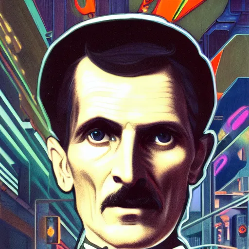 Image similar to [UHD Nikola Tesla as a GTA character on the streets of futuristic laserpunk Dallas, holding a wicked ray gun, correct face, intricate facial details, symmetrical face, elegant, graphic detail, digital painting, trending on artstation, concept art, tonalism, sharp focus, illustration, art by Akira Toriyama and Greg Rutkowski and Alphonse Mucha]