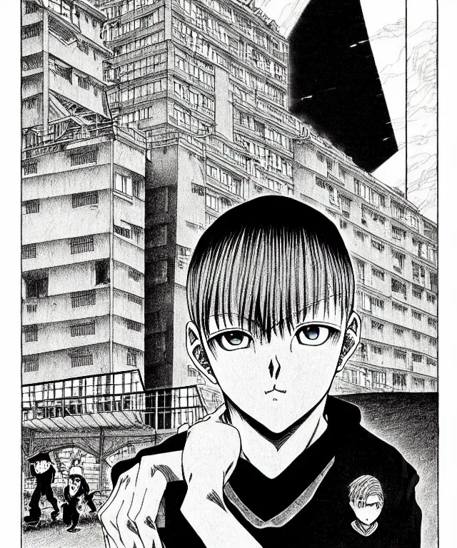 Prompt: A manga about a young shaved-headed scarred gopnik. Sharp high quality classic manga from 1990, fine details, straight lines, architecture in the background, masterpiece, highly detailed ink drawing by Tatsuki Fujimoto, Itou Junji, Kentaro Miura