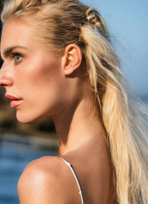 Image similar to stylistic photograph of an olive skinned blonde female model in her twenties, her hair pinned up, wearing a designer top, looking content, focused on her neck, photo realistic, extreme detail skin, natural beauty, no filter, slr, golden hour, 4 k, high definition, selfie