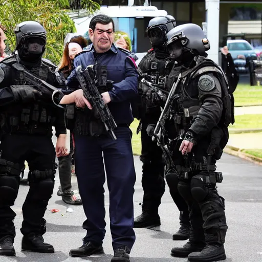 Image similar to evil dan andrews melbourne premier surrounded by swat team