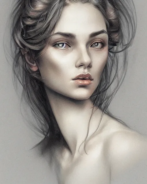 Prompt: a beautiful hyperrealistic portrait pencil sketch from a picture, of a French nubile with stoic attitude by Peter Mohrbacher, technical drawing, blueprint diagram, trending on artstation