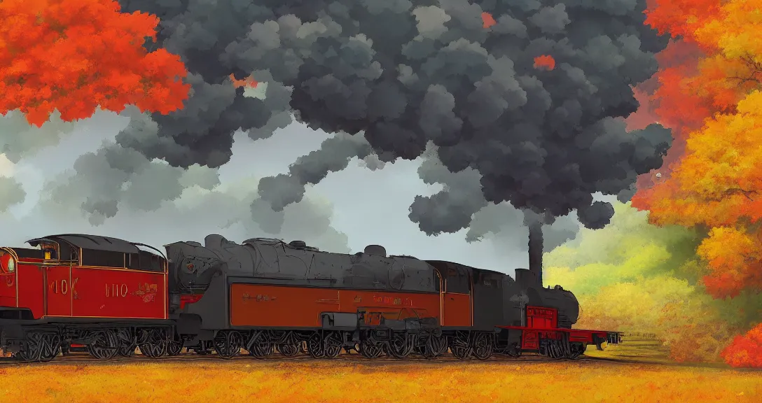 Prompt: side view of a steam train in the distance, autumn light, smoke, beautiful, by studio ghibli, by tomono yoshiyuki, digital art, concept art, smooth, sharp focus, illustration