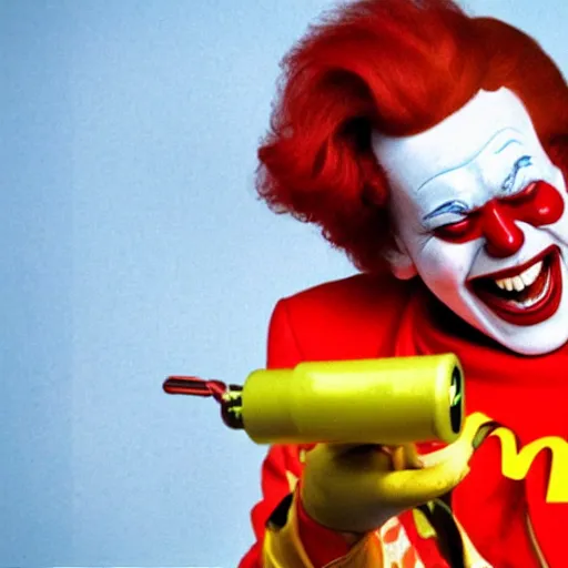Prompt: ronald mcdonald crying hysterical tears of laughter in your face holding a minigun