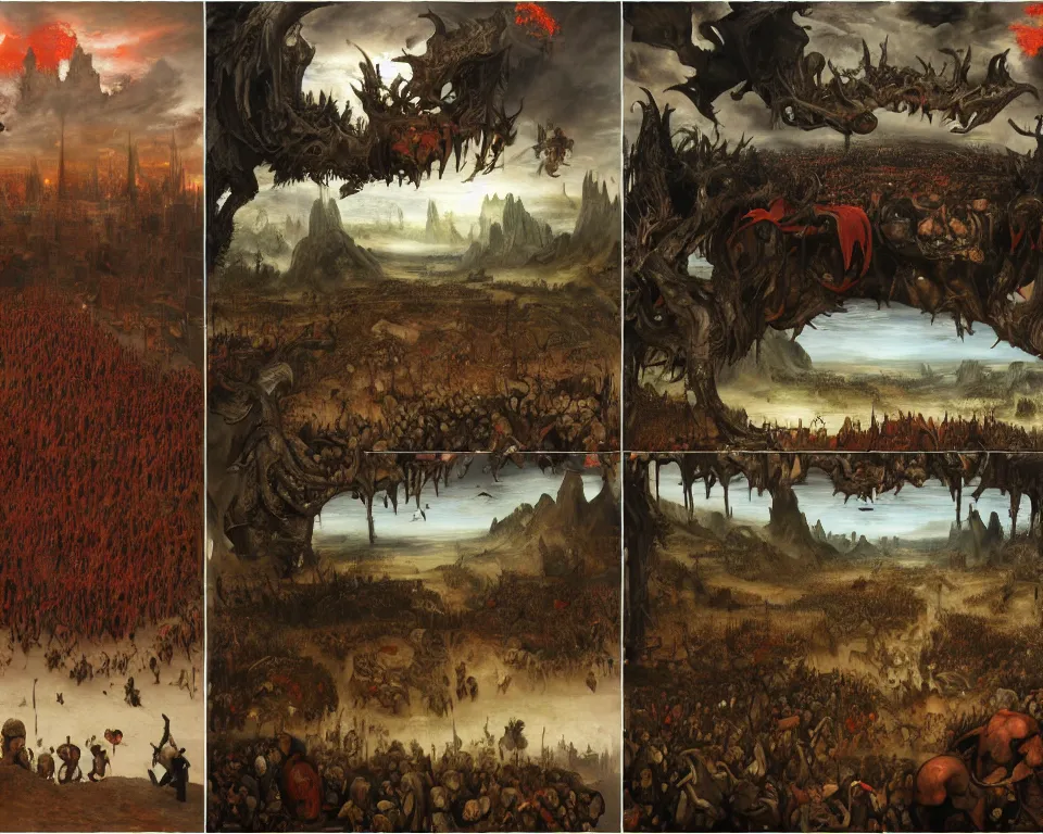 Image similar to doom eternal by jakub rozalski, zoomed garden of eternal delights hell by hieronymus bosh, zoom on triumph of death by pieter brueghel, doom eternal by hieronymus bosh