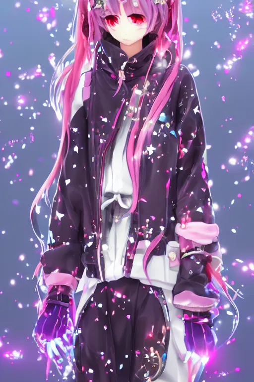 Image similar to portrait of a kawaii 3d anime character with cute sparkly eyes wearing a holographic hoodie kawaii deco fashion long hair with pastel colors in the style of code vein by Kurumi Kobayashi Koichi Itakura, 3d anime, octane render dynamic dramatic lighting with glitch and chromatic abbreviations effects artstation cgsociety imaginefx by anime concept artist rendered in unreal engine by WENJR WLOP artgerm